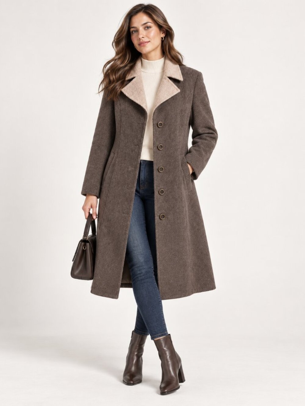 Wool-Blend Long Coat with Contrast Collar - Taupe